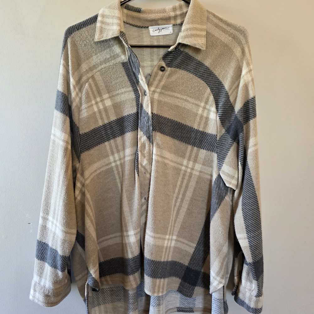 Carly Jean Los Angeles Beige and Charcoal Plaid Shirt